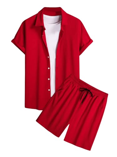 VIPWOLF Men's 2-Piece Linen Summer Beach Set - XX-Large, Red