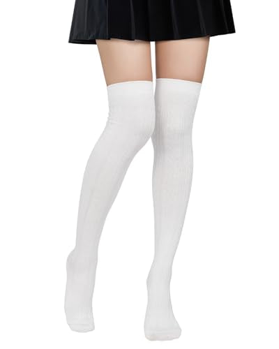 Thigh High Socks for Women - Striped Over Knee High Stockings - Pure White