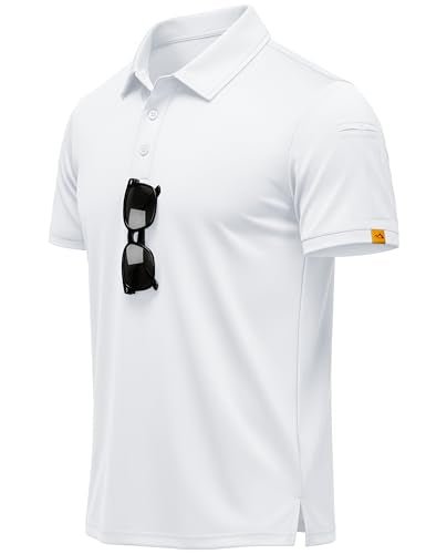 MAGCOMSEN Men's White Golf Polo Shirt Large Short Sleeve Performance Collared Shirt