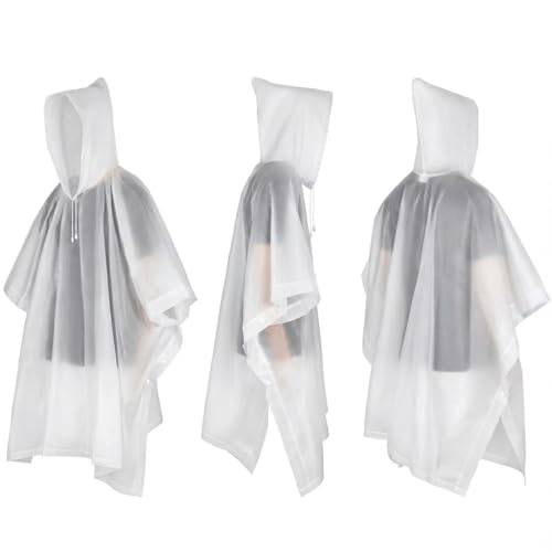 Reusable Rain Ponchos for Adults - 2 Pcs Emergency Coats with Hood - White
