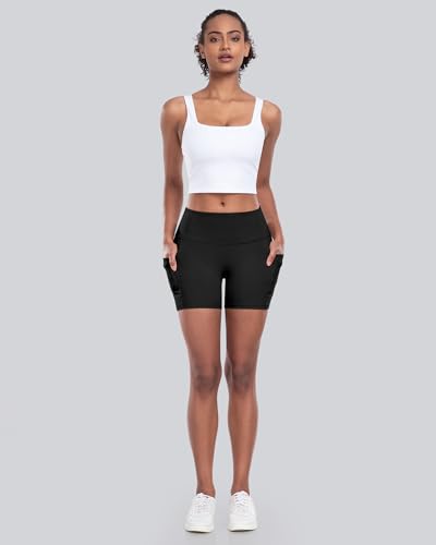 High Waisted Biker Yoga Shorts with Pocket - 5 Inch, Medium, Black