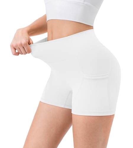 High Waisted Biker Shorts for Women with Pockets - White, Large