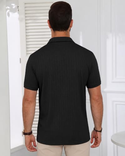 Mens Textured Polo Shirt - Short Sleeve Golf Shirt - Large - Black