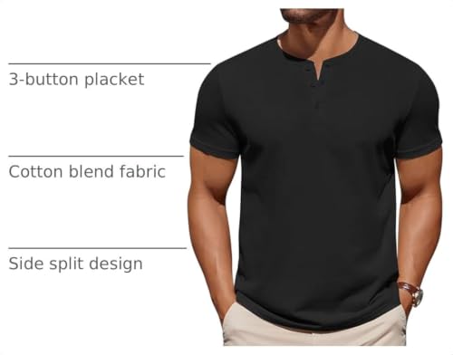 COOFANDY Men's Cotton Henley T-Shirt Short Sleeve Casual Work Top Black XL