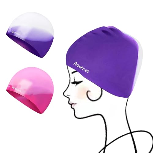 Kids Swim Cap - 2 Pack Silicone Swimming Caps for Long Hair - Pink & Bright Purple