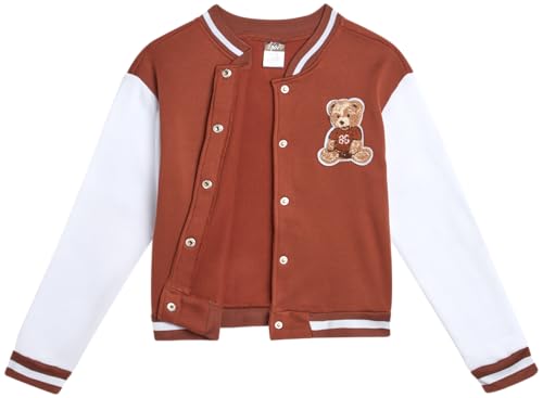 Girls Sweatpants Set - 2 Piece Fleece Varsity Jacket & Pants - Brown/White Bear / 7-8