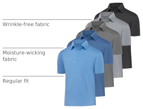 Men's Quick Dry Moisture-Wicking Polo Shirts 5-Pack - X-Large Black/Dark Grey/Blue