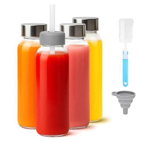Zukro 16 oz Glass Juice Bottles Pack of 4 with Leak-Proof Stainless Steel Lids