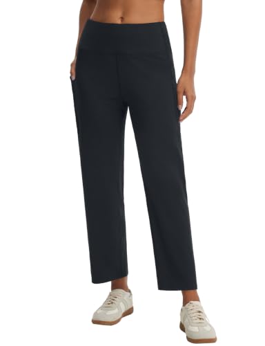 Baleaf Women's 25" Black Yoga Pants with Pockets - Large, Wide Leg, High Waist, Ankle-Length, Travel & Casual Wear