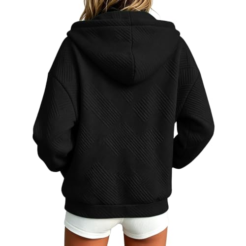 Geometric Jacquard Half Zip Hoodie - Women's Casual Pullover - Large/Black