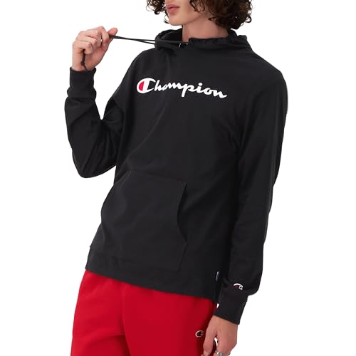 Champion Men’s Long Sleeve T‑Shirt Hoodie - Small Black Classic Script Logo (Retired Colors)