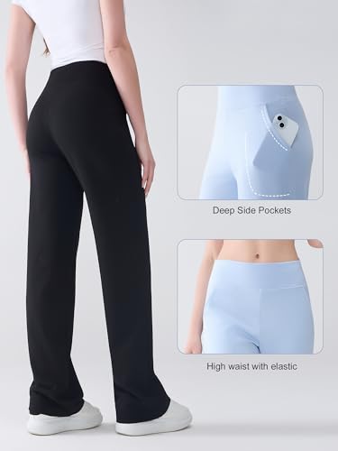 Maple&CA Tall Women’s Wide Leg Lounge Pants - High Waisted Stretch Yoga Pants with Pockets, 36" Inseam, Black