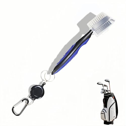 Dual-Sided Golf Club Brush with Retractable Zip-Line & Groove Spike - Blue