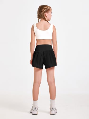 Girls High Waisted 2 in 1 Athletic Shorts with Pockets - Black, 11-12 Years