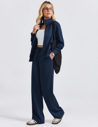 PINSPARK Women's 2-Piece Wide Leg Pants & Two-Way Zip Tracksuit Set - Dusk Navy Petite/Medium