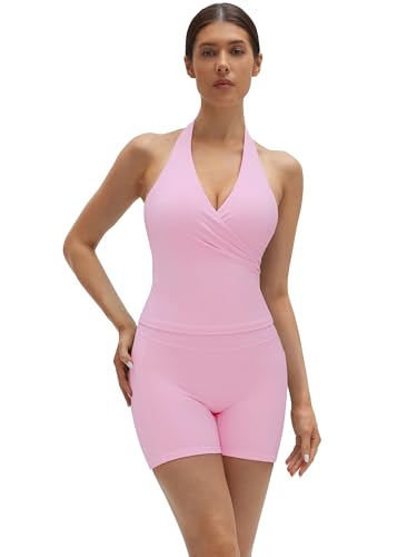 Pink Women 2-Piece Halter Workout Set with Open Back Padded Tank & High-Waisted Biker Shorts
