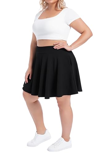 SEKINO Women's Plus Size Black Stretch Flared Pleated Skirt with Pockets 3X