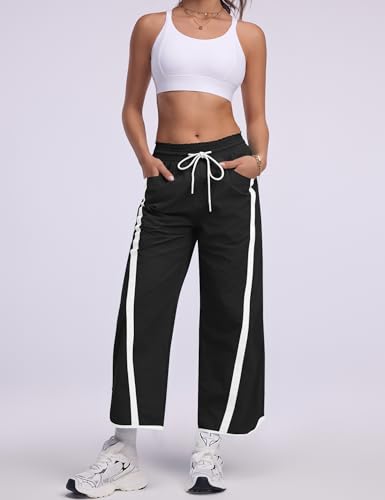 Baggy Wide Leg Track Pants for Women - Lightweight Black Medium