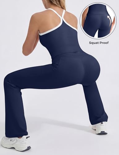 VVX Women 2 Piece Workout Sets Navy Blue Contrast Trim Small High Waisted Flare Leggings & Tank Top