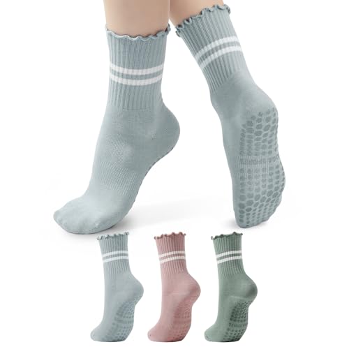 Pilates Crew Socks with Grips for Women - Light Blue, Mint Green & Pink