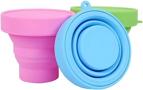 Folding Silicone Cup Set - 3 Pack Travel Camping Cups with Lid