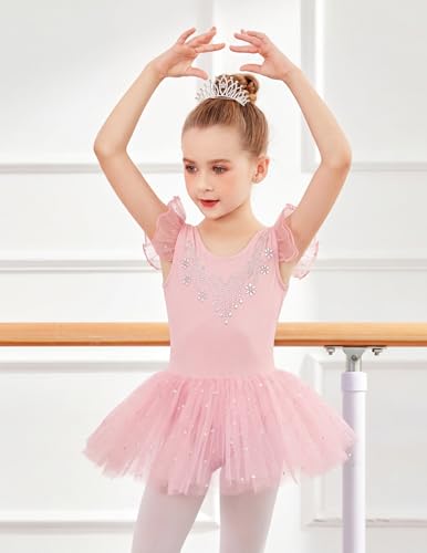 Zaclotre Ballet Leotards for Girls Ruffle Sleeve Shiny Dance Tutu