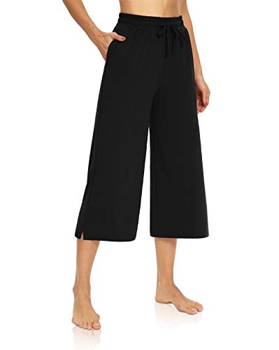 DIBAOLONG Women's Large Black Capri Pants - Loose Yoga & Lounge Wide Leg Sweatpants with Pockets