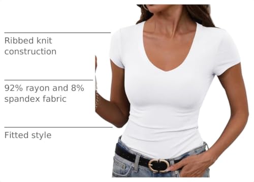 GEMBERA Women's White V-Neck Short Sleeve Fitted Casual T-Shirt - Medium