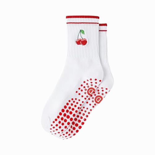 Non-Slip Pilates Grip Socks for Women - Yoga Barre Crew Socks - Cherry
