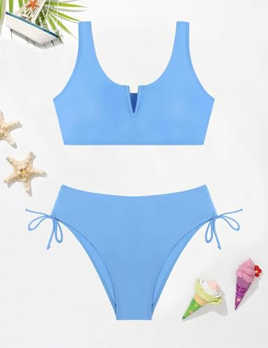 Girls 2-Piece V-Neck Cutout Swimsuit - High Waisted Bathing Suit - Blue 7-8Y