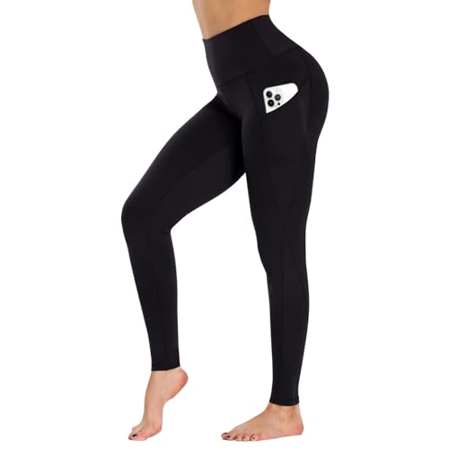 High Waist Yoga Pants with Pockets - Tummy Control Leggings - Black 25-inch