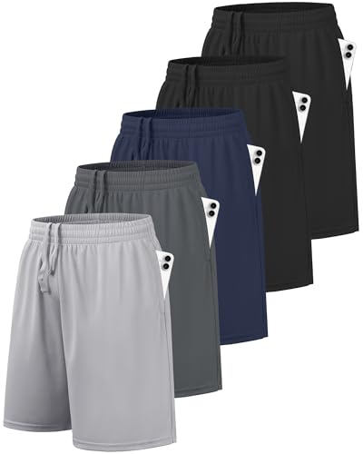 Boys Basketball Athletic Shorts - 5 Pack Quick Dry with Pockets, Large - Black, Dark Grey, Navy, Light Grey