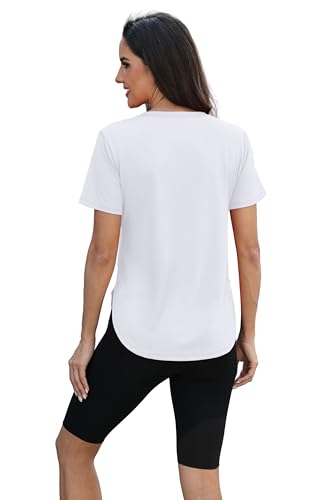 Women's UPF 50+ Short Sleeve Workout Top - Quick Dry, White/Large