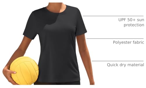 Women's Short Sleeve Workout Shirt - UPF 50+ Sun Protection, Quick Dry Athletic Tee - Black, Medium