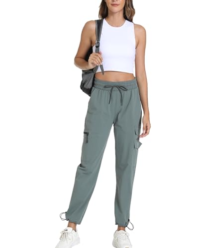 Kcutteyg Women's Cargo Joggers Pants Gray Green Large - Lightweight Quick Dry Hiking Trousers