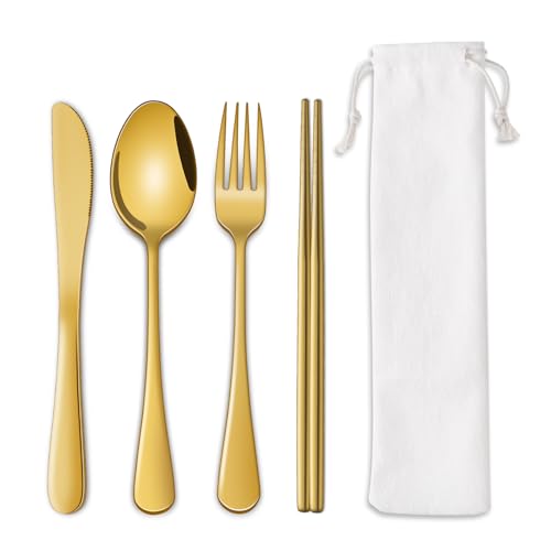 Gold Travel Utensils Set - 5-Piece Camping Cutlery with Pouch
