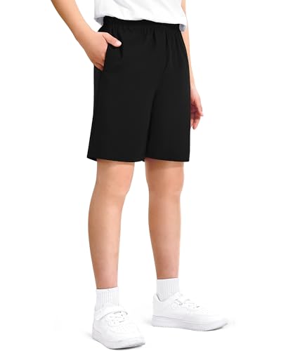 Boys Athletic Shorts with Pockets - Quick Dry, 11-12 Years, Black