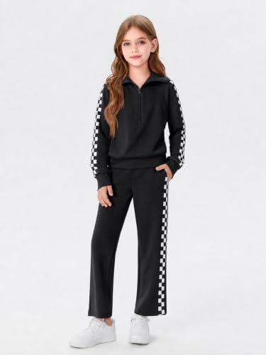 Girls Sweatsuit 2-Piece Zip Long Sleeve Outfit - Checked Black, Age 7-8