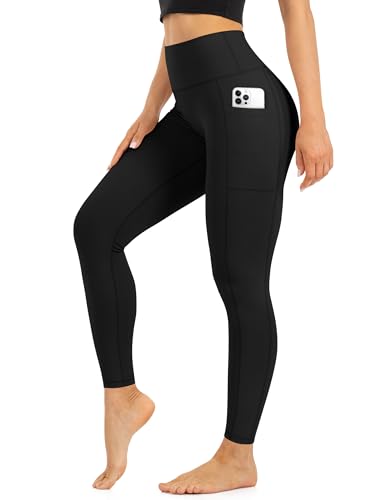 High Waist Leggings for Women - Opaque Tummy Control Pants with Pockets - Full Length, Black, Large-X-Large
