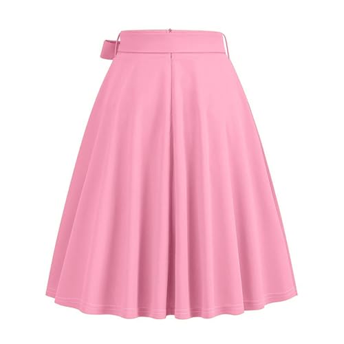 A-Line Swing Vintage Skirt with Bow Tie - High Waist Midi in Pink, Medium