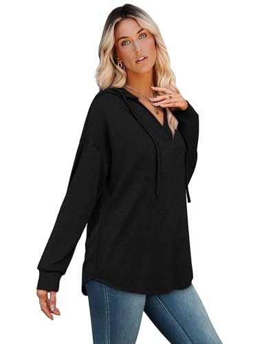 Sampeel Women's Oversized Black V-Neck Hoodie XL Fall Fashion Sweatshirt