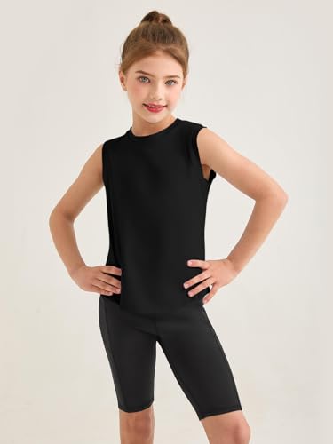 Girls Athletic Tank Top - Sleeveless Yoga & Tennis Shirt - Black, 9-10 Years