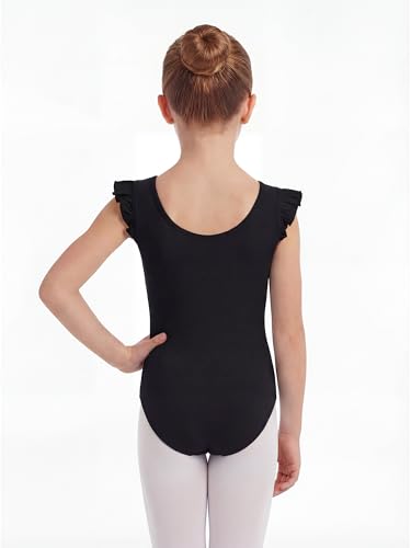 Girls Ballet Leotard with Ruffle Sleeves - Gymnastics & Dancewear, 6-7 Years, Black