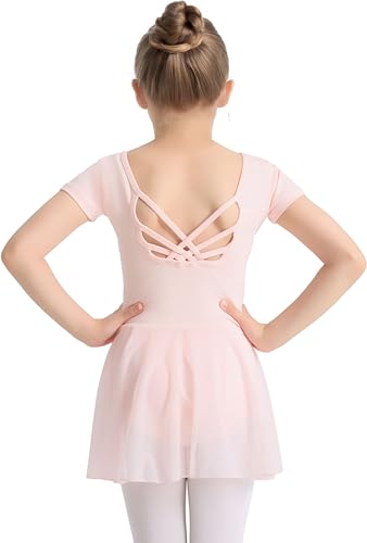 Ballet Leotard for Girls - Toddler Dance Dress, Short Sleeve, Criss-Cross Back - Ballet Pink / 4-5T