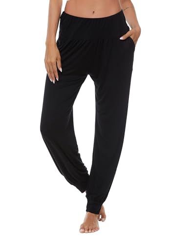 AvaCostume Women's Loose Yoga Harem Pants with Pockets - Large Black