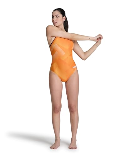 Arena Women's Performance Halftone Team Print Swimsuit Black/Orange, Light Drop Back, Size 30