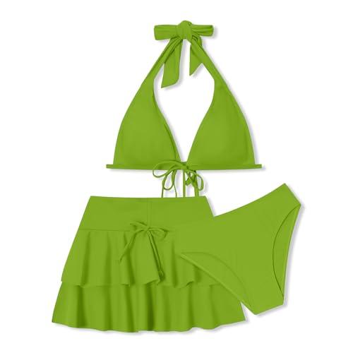 Teen Girls 3-Piece Swimsuit Set - Halter Bikini & Skirt - Green, 16-17Y
