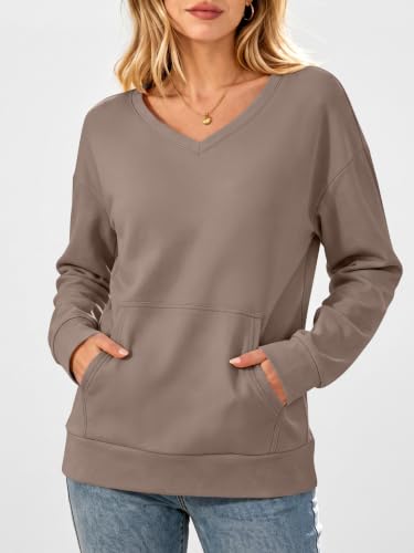 V-Neck Fleece Sweatshirt with Pockets - Large, Light Brown