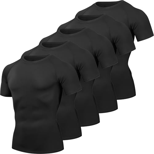 HovSiyla Men's Compression Shirts Short Sleeve Baselayer 5 Pack Black Medium Workout