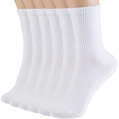 Ndoobiy 6 Pairs White Crew Socks for Men Women - Soft Cotton Elastic Band (Size 5-9)